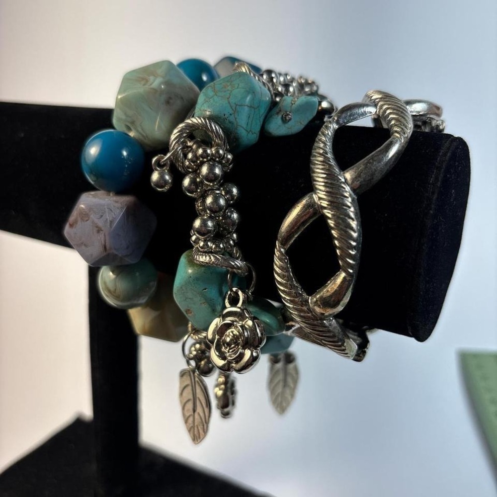 Bracelet Set‎ Turquoise Blue Silver Tone Boho Beaded Stretch Hinged Cuff 3pc